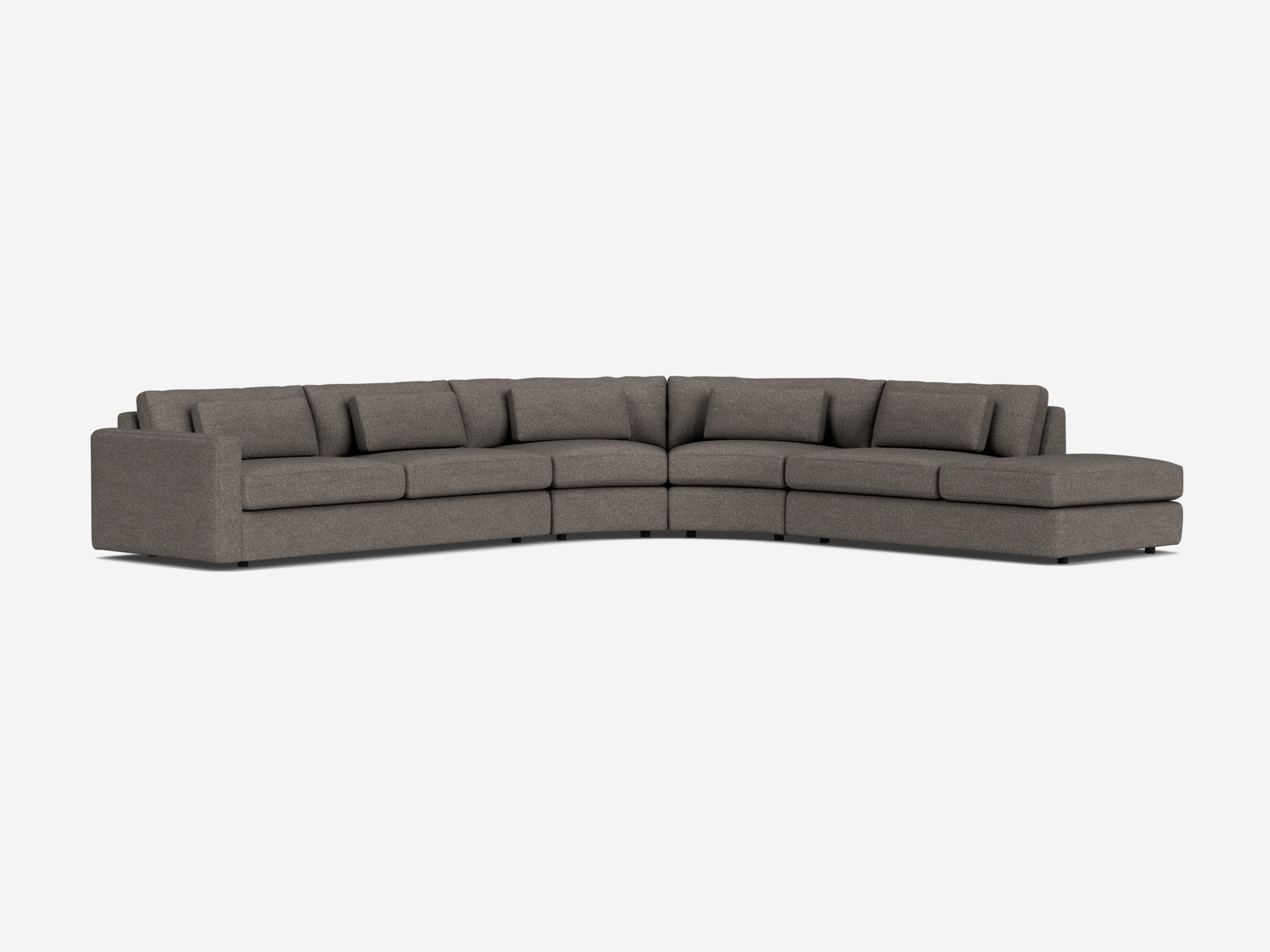 Front angle view of taupe curved sectional sofa with right hand chaise